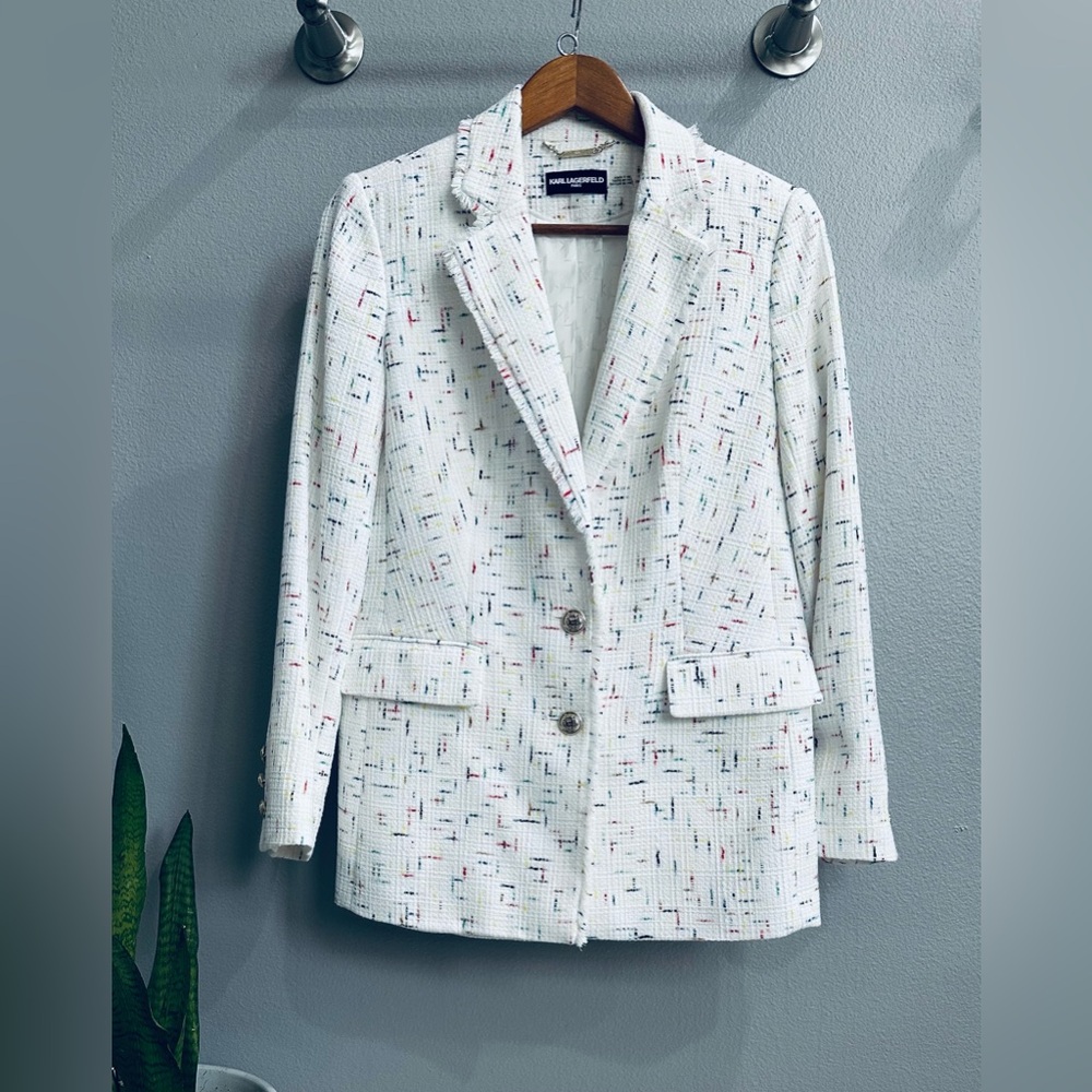 Karl Lagerfeld White Tweed Blazer with Multicolor Speckle